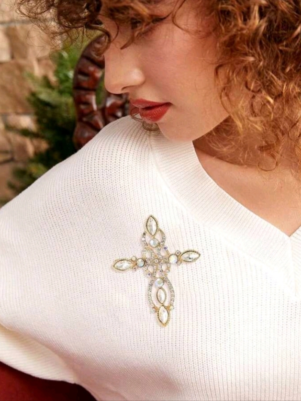 Golden Iridescent Rhinestone Cross Brooch Pin - Picture 3 of 5